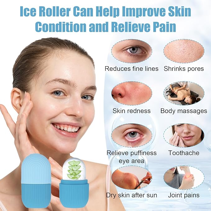 Ice Roller for Face and Eye for Massage Facial, Reusable Silicone ice Mold for Treatment Beauty Skin Care, Compress Shrinks Pores Anti-Wrinkle Reduces Puffiness, Improves Skin Elasticity (Blue)