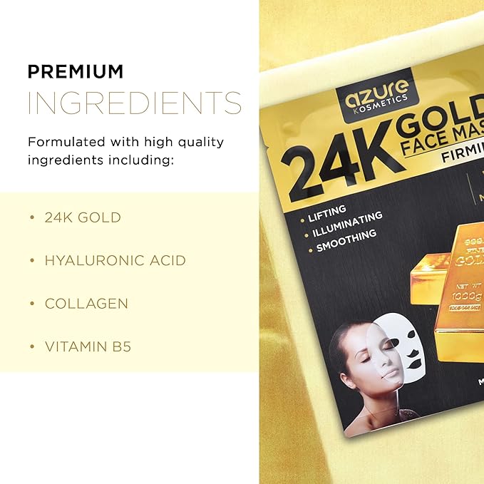 Azure Cosmetics 24K Gold Firming Face Mask- Anti Aging, Hydrating, Toning & Firming Facial Mask - Helps Reduce Wrinkles & Fine Lines - With Hyaluronic Acid & Collagen - Made in Korea - Pack of 5