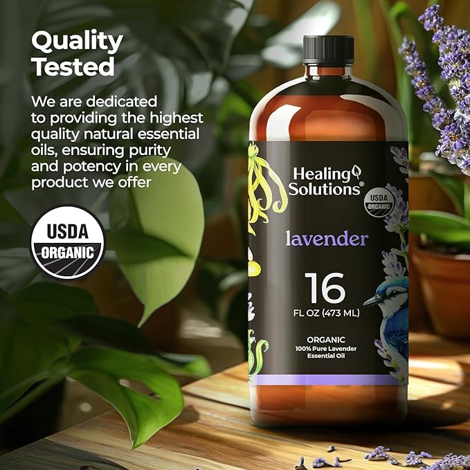 Healing Solutions Organic Lavender Essential Oil Bulk, 16oz - Lavender Essential Oil Large Bottle for Skin, Cleaning & More - Aromatherapy Diffuser Oil - Lavender Oil Spray - Lavender Oil for Cleaning