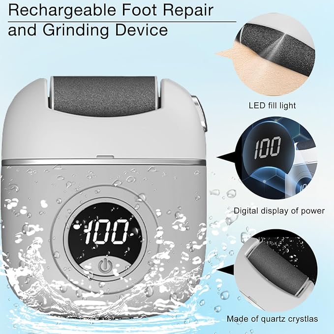 Electric Foot Callus Remover, 2024 New USB Rechargeable Foot Repair and Grinding Device, Heel Polisher Digital Display, Electric Foot Exfoliating Scrubber with 3 Grinding Heads 2 Speeds (Grey)
