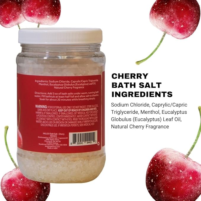 Halls Refresh Menthol with 100% Pure Essential Oils Aromatherapy Bath Salts, 16 oz, Eucalyptus, Menthol and Cherry Scent