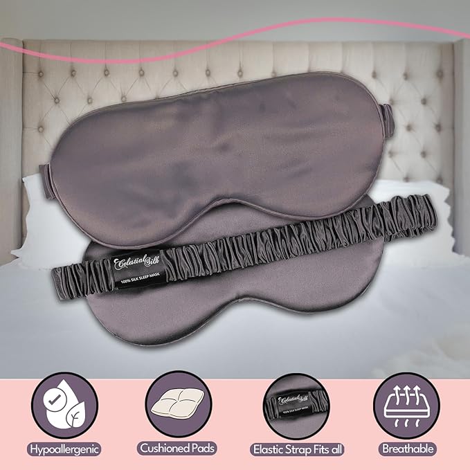 CELESTIAL SILK 100% Silk Sleep Mask for Women with Silk Covered Elastic Strap, Eye Mask for Sleeping (One Size, Charcoal Gray)