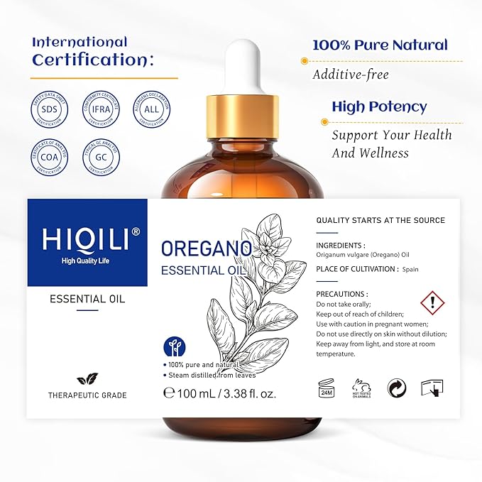 HIQILI 100 ML Oregano Essential Oil, 100% Pure Natural Oregano Oil for Diffuser, Skin, Cleaning - 3.38 Fl Oz