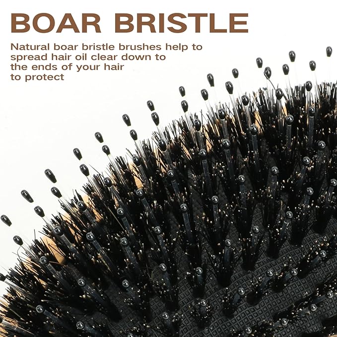 Boar Bristle Hair Brush Combtter Smoothing Scalp Stimulator & Boar Bristle Brush for Added Hair Shine, Moisture & Volume - Tame Frizz & Help Remove Buildup