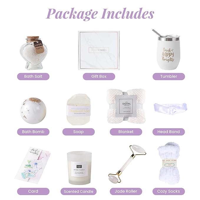 Birthday Gifts For Women, Self Care Gifts For Women - Jade Roller, 10 in 1 Spa Basket Care Package, Get Well Soon Gifts w/ Plush Blanket, Relaxing Spa Gift Basket, Birthday Gift Basket For Mom Wife