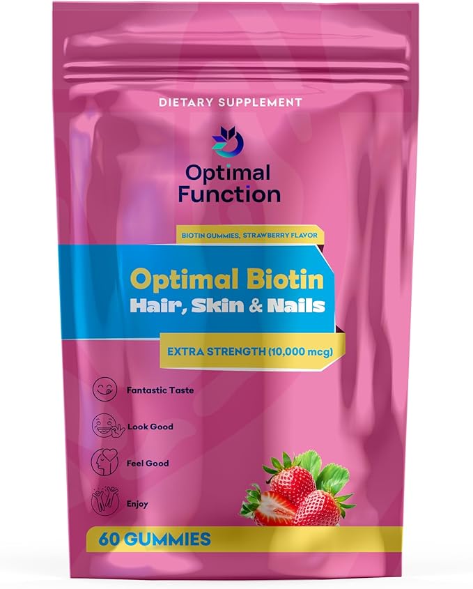 Optimal Biotin – Hair, Skin & Nails, Extra Strength (10,000 mcg). 60 Natural Gummies