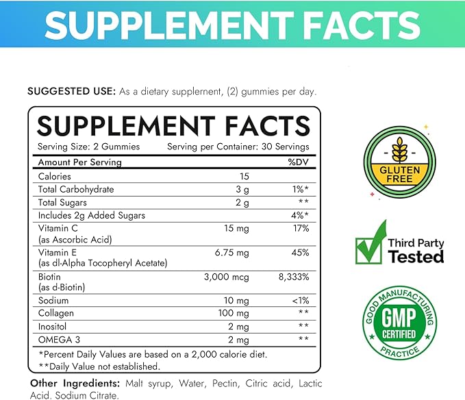 Hair, Skin & Nail Gummies | Biotin Collagen Vitamin C & E Supplement | 3000mcg Biotin | Raspberry Flavored | 60 Gummies