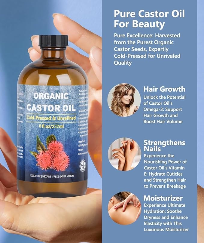 Organic Castor Oil for Face Roll On，Rollerball Castor Oil, Deep Hydration for Skin Care and Hair, Castor Oil Organic Cold Pressed Unrefined Glass Bottle 8oz with 2 Roller