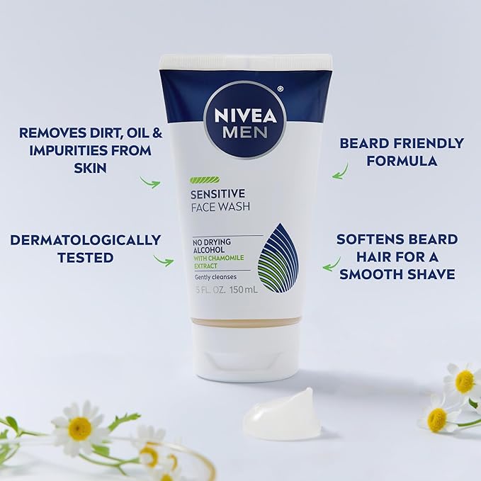 NIVEA MEN Sensitive Face Wash with Vitamin E and Chamomile Extract, No Drying Alcohol, Gentle Face Wash for Men with Sensitive Skin, 5 Fl Oz Tube