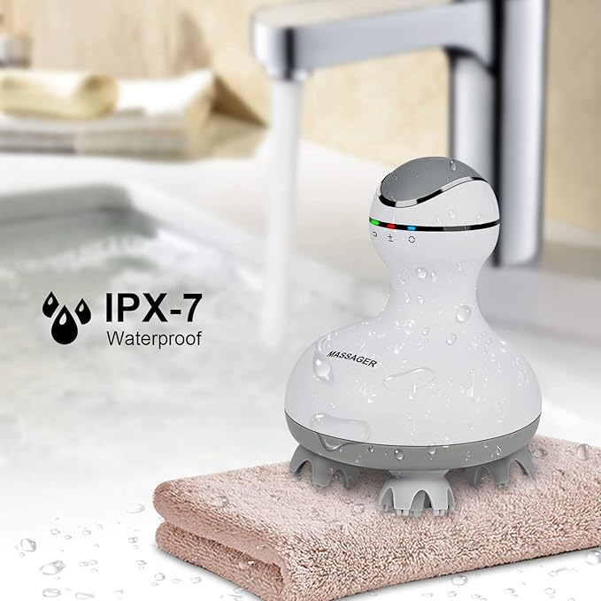 cotsoco Electric Scalp Head Massager, Scalp Hair Massage Waterproof Head Massager with 4 Heads 84 Nodes for Hair Growth and Stress Release Massage White