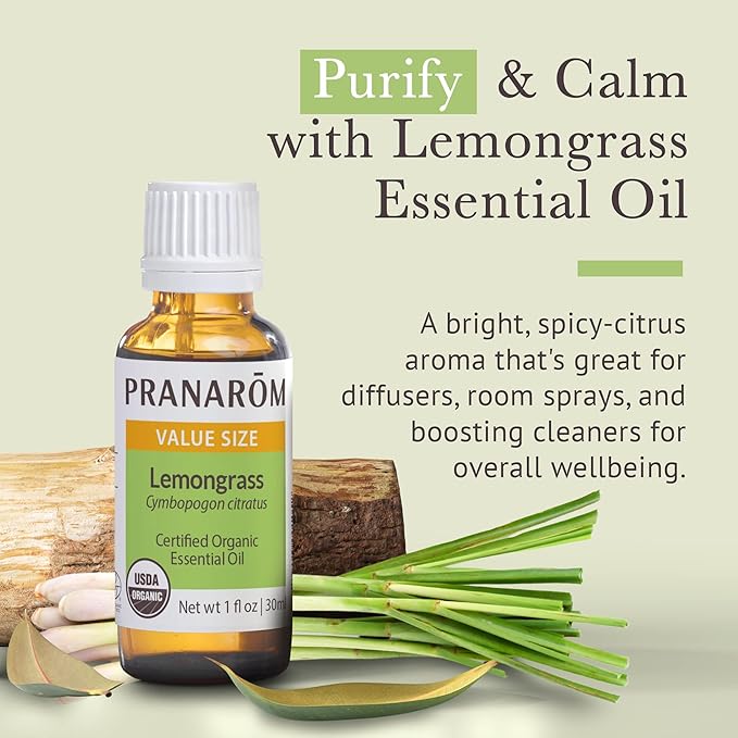 Pranarom USDA Certified Organic Lemongrass Essential Oil (30ml), 100% Pure Undiluted Therapeutic Grade from India for Aromatherapy, Diffuser, Meditation, Massage, Relaxation, Citrus - Lemon