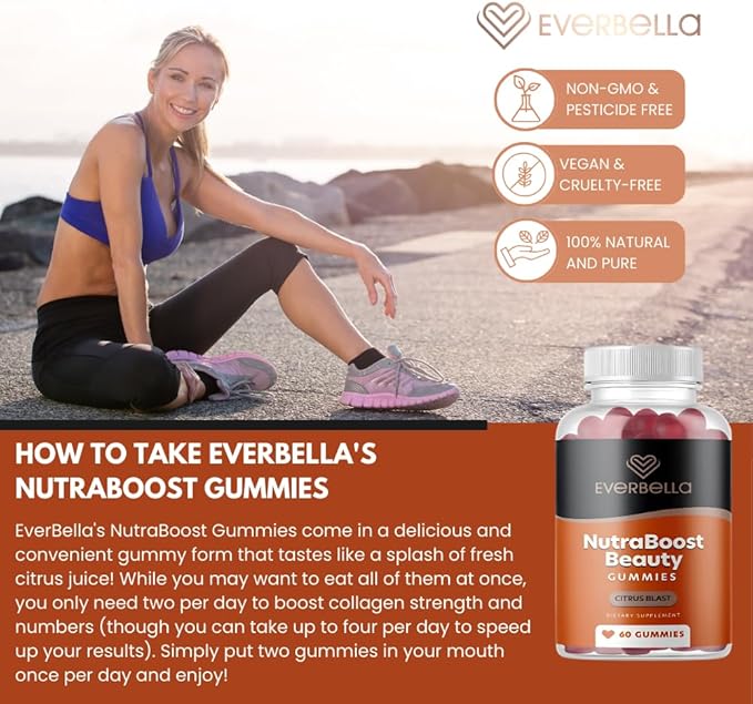 Nutraboost Beauty Gummies, Vegan Collagen Booster, Biotin, Skin Hair and Nails, Vitamin A, E, C, Citrus Flavor, 30 Day Supply, Sugar-free