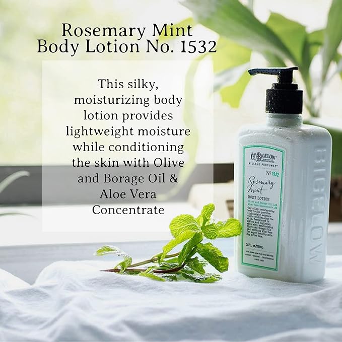 C.O. Bigelow Rosemary Mint Moisturizing Body Lotion for Women and Men, Village Perfumer Lotion with Olive Oil, Borage Oil, and Aloe Vera, 10 fl oz