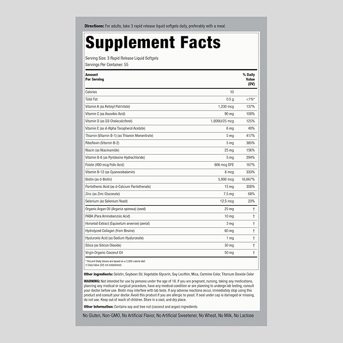 Piping Rock Hair Skin and Nails Vitamins | 165 Softgels | 5000 mcg of Biotin Extra Strength | with Argan and Coconut Oil | Non-GMO, Gluten Free Supplement