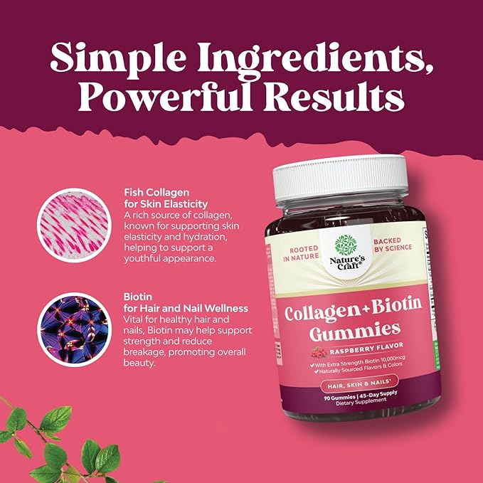 Natures Craft Bundle of Hair Skin and Nails Gummies for Women Extra Strength Biotin 90ct and Collagen Gummies and Chewable Vitamin C Gummies for Adults - Halal Vitamin C Immune Support Gummies