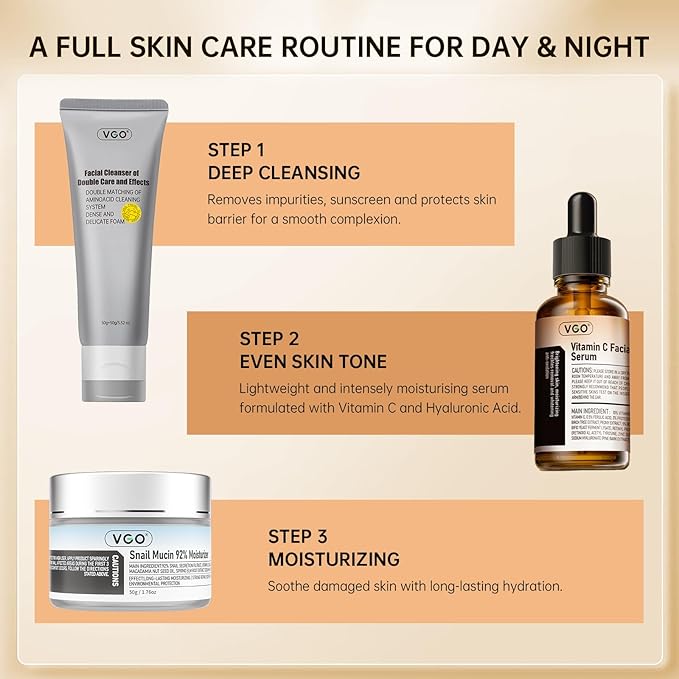 VGO Skin Care Set, with Snail Mucin 92% Moisturizer 1.76 Oz, Vitamin C Serum 1.01 Oz & Dual-Tube Facial Cleanser 3.52 Oz, 3 Step Facial Skin Care Kit