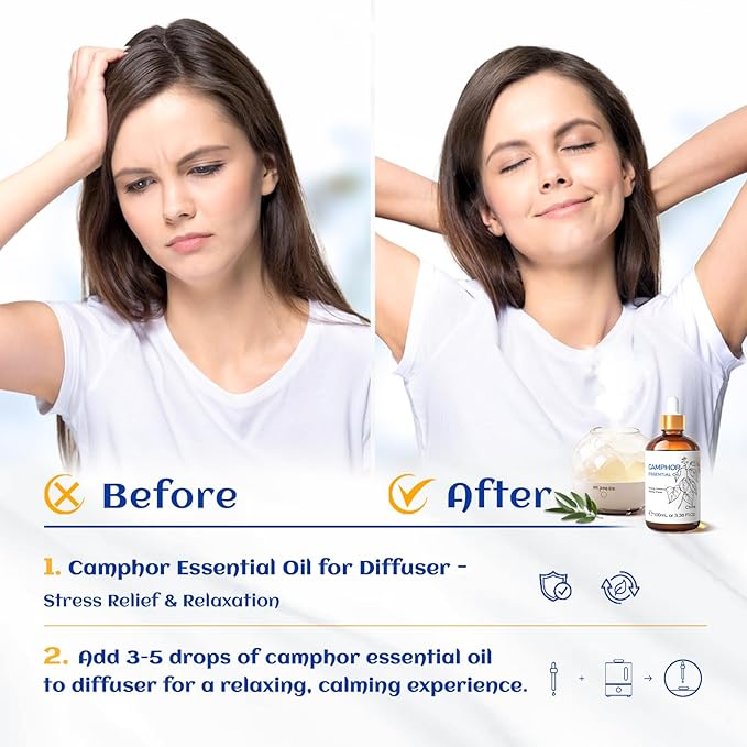 HIQILI 100ML Camphor Essential Oil Pure, 100% Undiluted for Skin, Diffuser, Aromatherapy - 3.38 Fl Oz