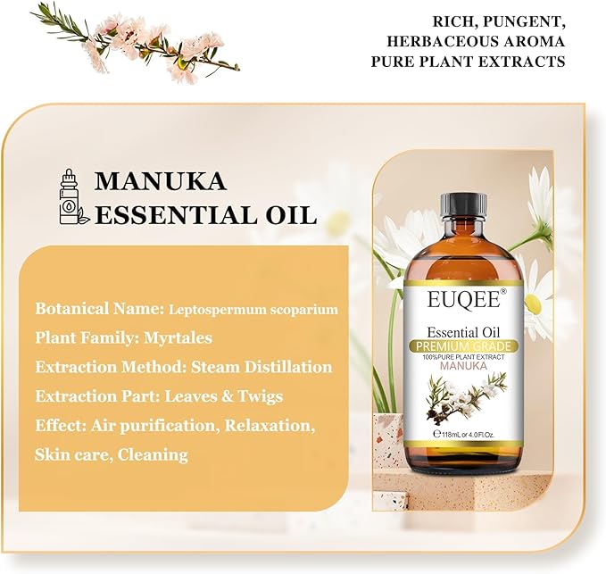 Manuka Essential Oil 118ml Large Capacity Pure Manuka Oil with Glass Dropper for Skin, Diffuser, Aromatherapy, Cleaning, Soap Candle Making - 4Fl.Oz