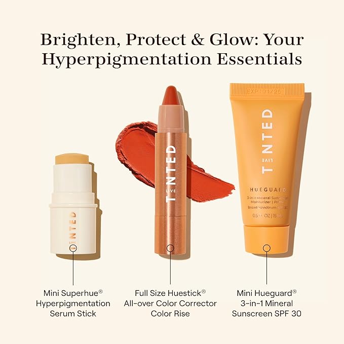 Live Tinted Essentials Glow Up Set: Includes Mini Superhue Serum Stick, Mini Hueguard 3-in-1 Mineral SPF 30, and Full-sized Huestick in Rise, 3-Piece Set