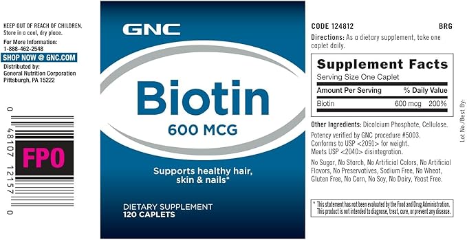 GNC Biotin 600mcg | Supports Healthy Hair, Skin, & Nails | 120 Count