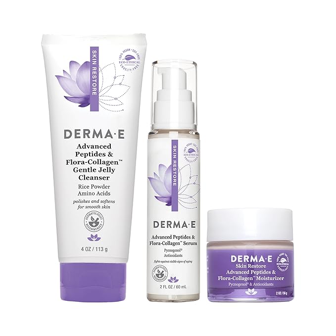 Derma E Advanced Peptides and Vegan Flora-Collagen Gentle Jelly Cleanser, 4oz, Advanced Peptides and Vegan Flora-Collagen Serum, 2oz, Advanced Peptides and Vegan Flora-Collagen Moisturizer, 2oz