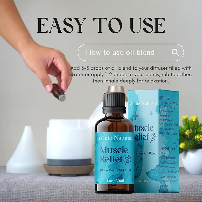 White Naturals Muscle Relief Essential Oil Blend – Natural Soothing Oil for Sore Muscles & Joint Discomfort, 100% Pure & Therapeutic Essential Oils for Pain Relief & Relaxation, 1oz