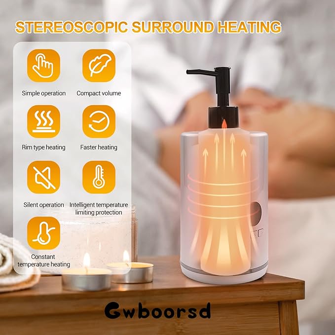 Oil Warmer for Massage oil warmer for scented oil,Massage Oil Warmer,lotion warmer,Body Oil Heater for Spa,Salon with 2 Oil Bottle Dispensers,1 grey funnel, Temper control,Atmosphere lights,White