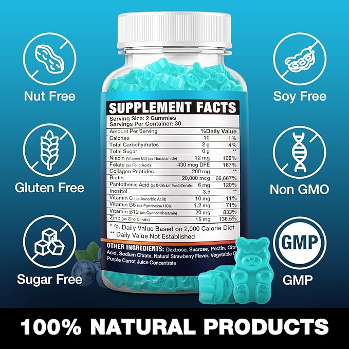 2 Pack Vegan Biotin Gummies for Hair, Skin & Nails - 20,000 mcg per Serving, Suitable for Women & Men - 120 Gummies