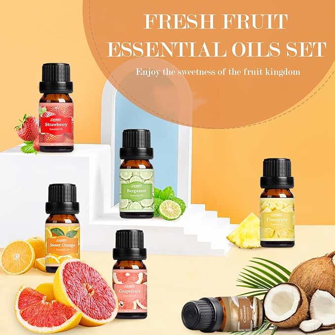 SALUBRITO Fresh Fruit Fragrance Oils Set, Essential Oils for Diffuser, Candle, Soap Making - Strawberry, Sweet Orange, Pineapple, Coconut, Bergamot, Grapefruit, 6X10ml