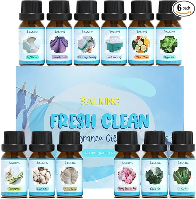 SALKING Clean Fragrance Oils Set, 12 x 10ml Premium Essential Oils Set for Diffuser, Natural Clean Scents Scented Oils, Soap & Candle Making Scents, Aromatherapy Oils Collection