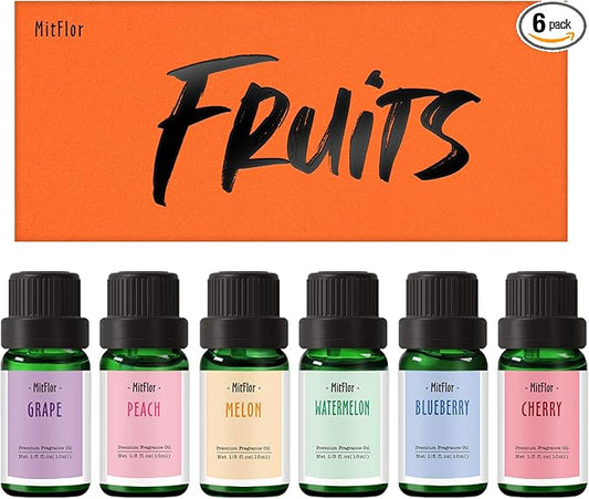 Fragrance Oil, MitFlor Premium Fruit Essential Oils Set, Fruity Scents for Soap & Candle Making, Summer Diffuser Oils, Refreshing & Long-Lasting, Peach, Cherry, Watermelon, Blueberry, Grape, Melon
