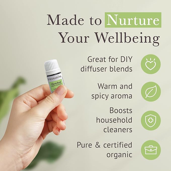 Pranarom USDA Certified Organic Clove Essential Oil (5ml), 100% Pure Undiluted Therapeutic Grade from Sri Lanka & Madagascar for Aromatherapy, Diffuser, Immune Support, DIY Cleaning, Warm Scent