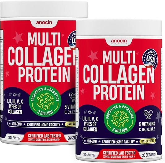 Multi Collagen Peptides with Probiotics + Type I, II, III, V, X + Hydrolyzed Collagen Powder with Vitamin C+D3+B7+K2+E Hyaluronic Acid, Supports Skin Hair Nail & Joint, Grass-Fed, Non-GMO (2)