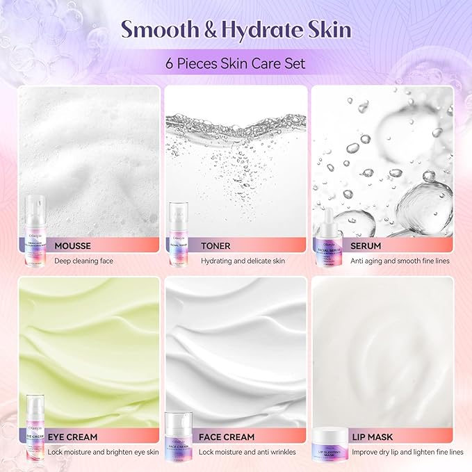 Collagen Retinol Skin Care Set, 6 In 1 Skincare Gift Set with Facial Cleanser, Toner, Serum, Cream, Eye Cream & Lip Mask, Anti Aging Skin Care Set for Women, Travel Skin Care Christmas Gifts for Women