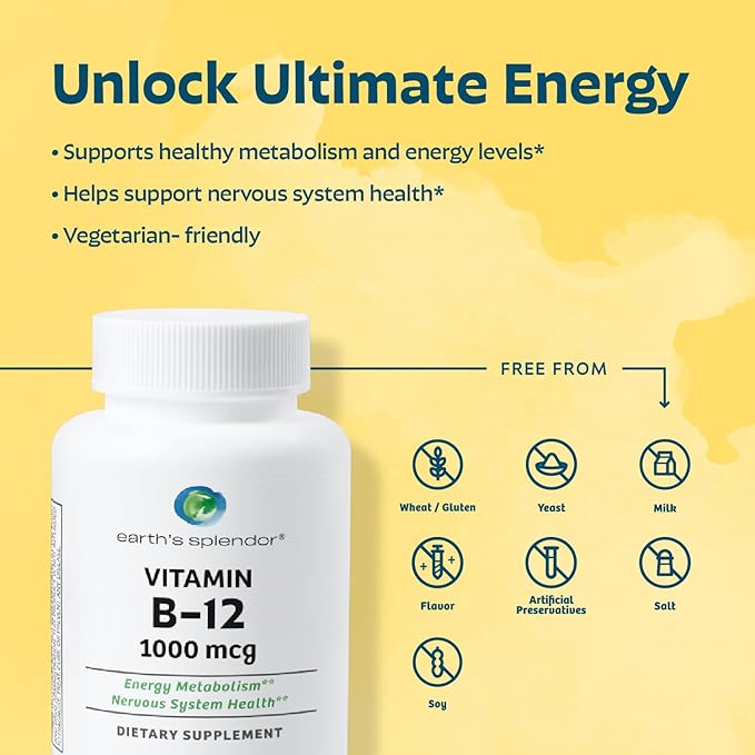 Earth's Splendor Energy & Hair Support: Vitamin B12 (200 Tablets) + Biotin 10,000 mcg & Keratin 25mg (60-Day Supply) - Boosts Energy, Hair, Nails & Skin - No Artificial Colors, Gluten Free