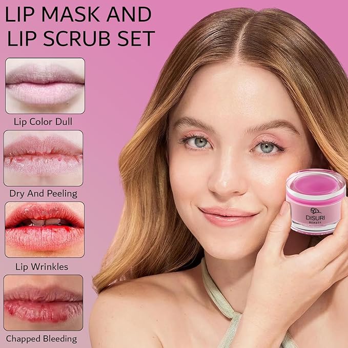 Lip Mask and Lip Scrub Set - Moisturizing Lip Scrub for Exfoliating and Smoothing Lips, Cruelty-free - Improves Texture, Hydrates, and Softens Chapped, Dark Lips Skin - (Grape)