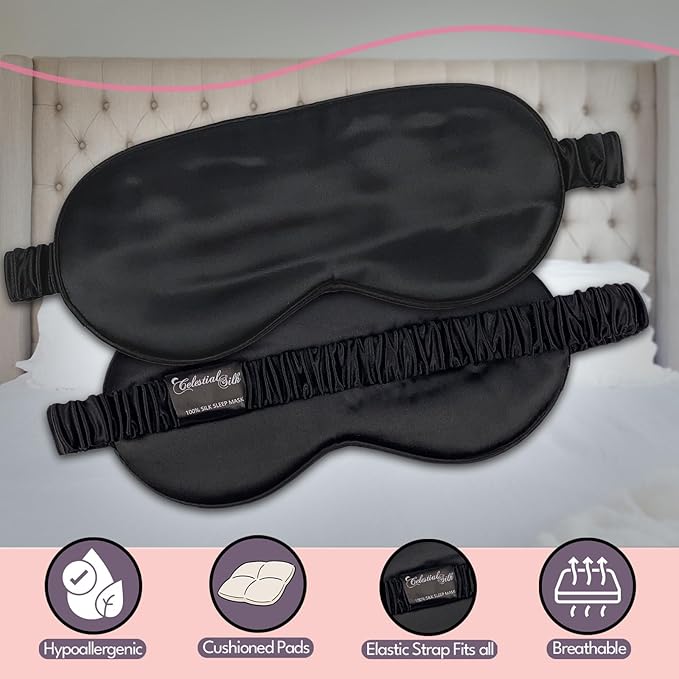 CELESTIAL SILK Sleep Mask for Women With Covered Elastic Strap, 100% Silk Filled Eye Mask for Sleeping (One Size, Black)