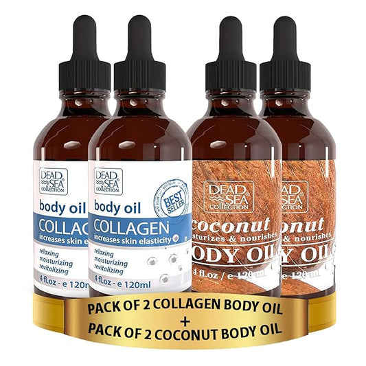 Dead Sea Collection Body Oil for Dry Skin - Collagen & Vitamin E, A, D Moisturizing Oil Pack of 2 (4 Fl.Oz Each) Body Oil - Coconut & Vitamin E, A, D Pack of 2 (4 Fl.Oz Each)