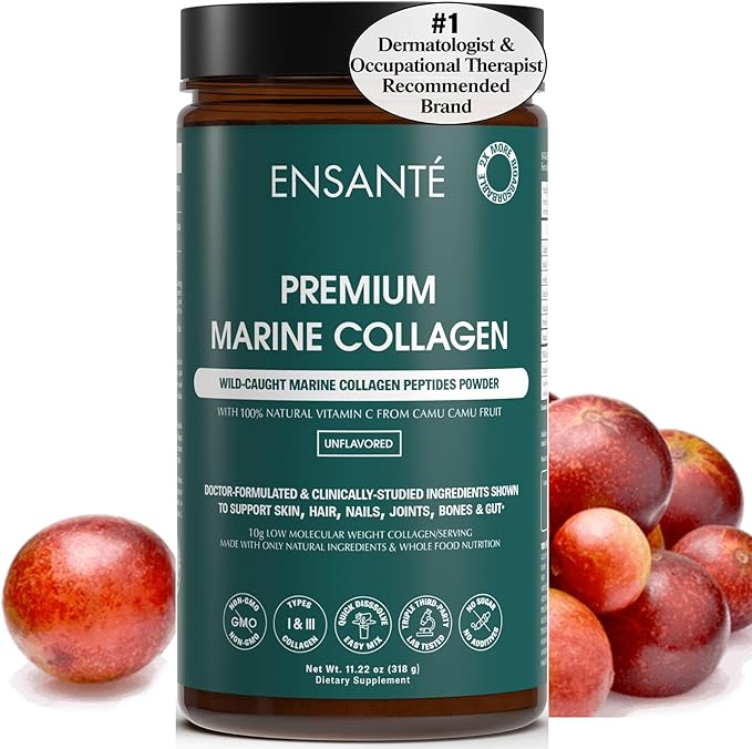 ENSANTE Premium Marine Collagen Peptides Powder Unflavored, Type I II III IV Clinically Backed Wild-Caught Fish Collagen with Organic Camu Camu Vitamin C for Hair Skin Nails Joint, Lab Tested Easy Mix