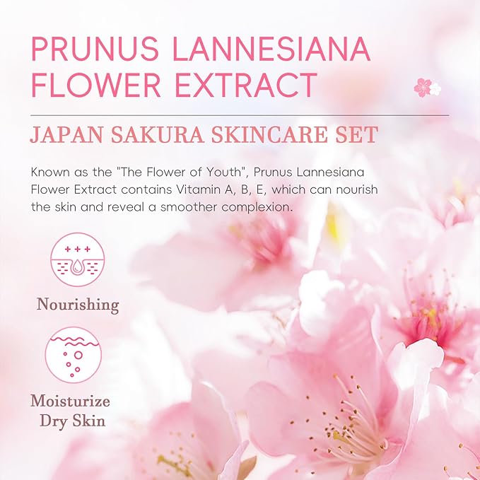 Cherry Blossom Skin Care Kit - Skincare for Girls 10-12 - Hydrating Travel Essentials - Travel Kit with Face Wash, Essence, Toner, Cream & Eye-cream - Skin Care Sets & Kits Gift Set for Women