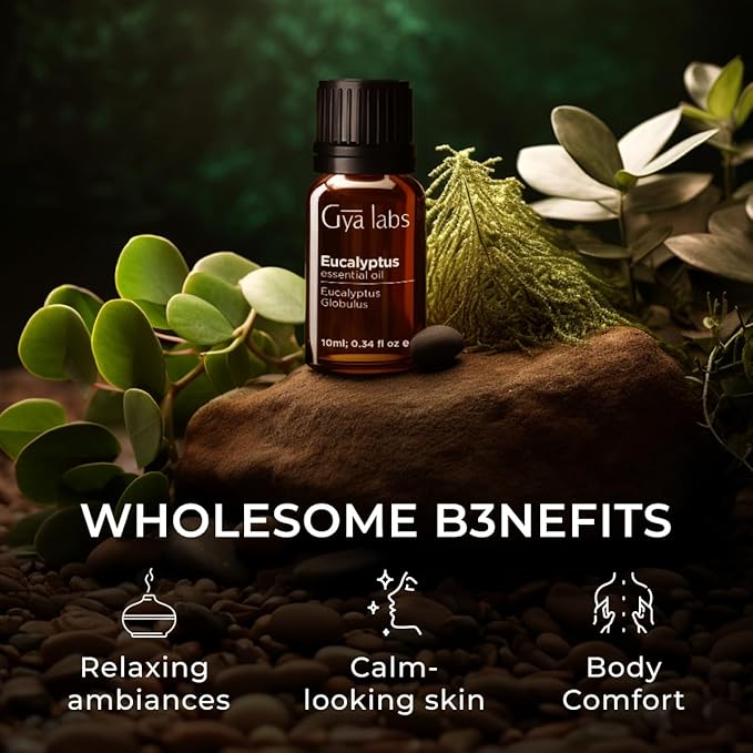 Gya Labs Eucalyptus Essential Oil for Diffuser - 0.34 Fl Oz - 100% Pure Natural Eucalyptus Oil for Skin, Humidifier, Candle Making & Aromatherapy - Fresh, Cooling Scent
