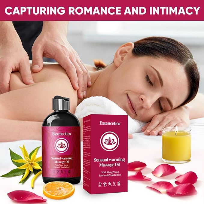 Massage Oil 8 oz - Organic Body Massage Oil with Ylang Ylang, Patchouli & Vanilla Rose - Relaxing Massage Therapy