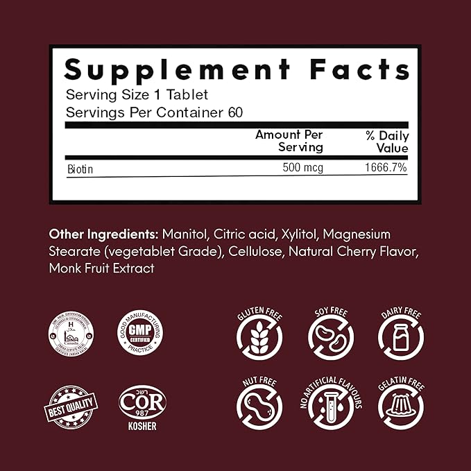 Biotin 500 mcg I Supports Healthy Hair, Nail & Skin I 60 Melting Tablets - 1 Pack I Cherry Flavor