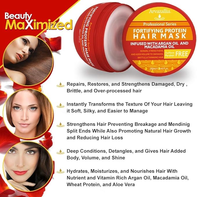 Arvazallia Fortifying Protein Hair Mask and Clarifying Shampoo with Revitalizing Essential Oils Bundle - Professional Detoxifying Shampoo and Deep Conditioner Treatments For Dry or Damaged Hair