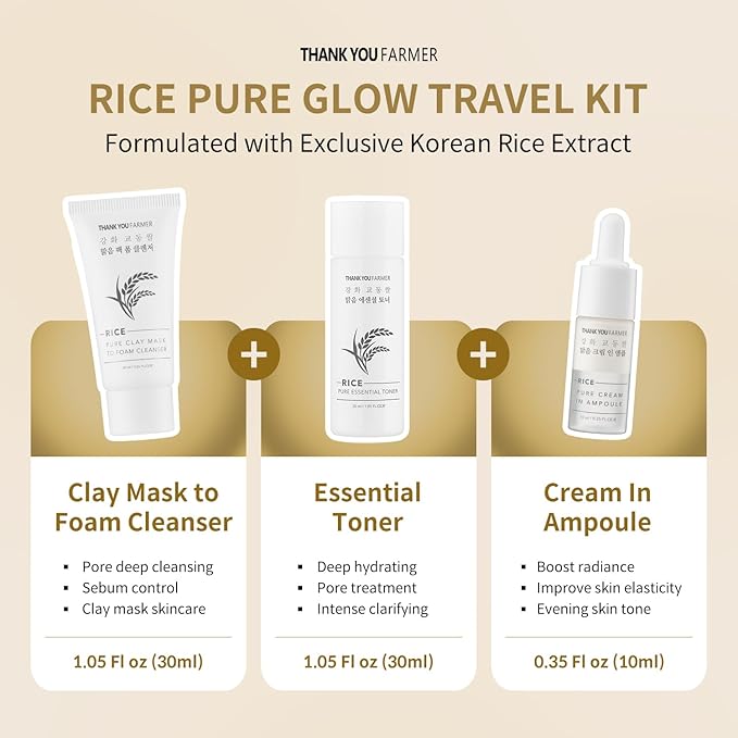 THANKYOU FARMER Rice Pure Glow Travel Kit, Mini Size Cleanser(1.05 fl oz), Mini Size Toner(1.05 fl oz), Mini Size Ampoule(0.35 fl oz)