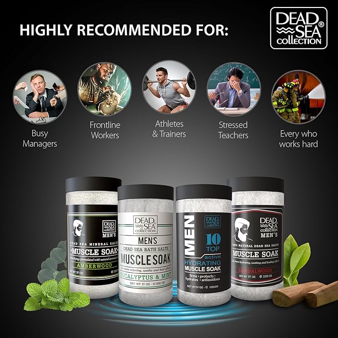 Dead Sea Collection Bath Salts for Men with Eucalyptus & Mint Oils - Muscle Recovery Bath Soak – Mens Pure Dead Sea Salt for Soothing and Relaxing - 37 Oz