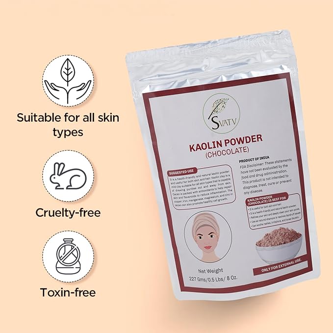 SVATV Kaolin Clay Chocolate Natural For Face Mask Herbal Skin Face Powder Makeup, Bath Bomb Clay, DYI Spa Mud Mask For Face & Hair & Soap Making For Men & Women 227g, Half Pound