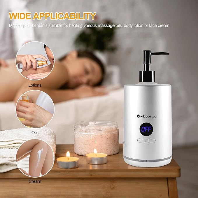 Oil Warmer for Massage oil warmer for scented oil,Massage Oil Warmer,lotion warmer,Body Oil Heater for Spa,Salon with 2 Oil Bottle Dispensers,1 grey funnel, Temper control,Atmosphere lights,White