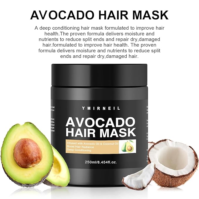 Avocado Hair Mask, 8.45 fl oz, with Avocado & Coconut Oil, for Hair Radiance &Damaged Hair Deep Conditioning