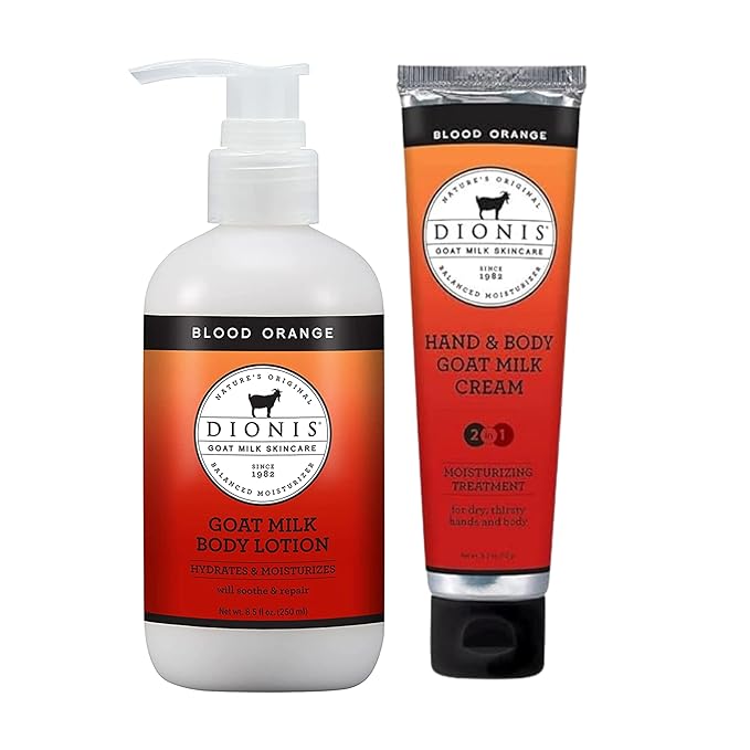 Dionis Goat Milk Skincare Blood Orange 8.5oz Hydrating Body Lotion and 3.3oz Hand & Body Moisturizing Travel Size Cream Scented Bundle, Natural Ingredients, Made in the USA, Cruelty Free, Paraben Free